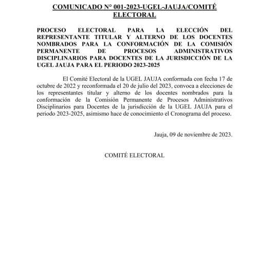 COMUNICADO N° 001-UGEL-JAUJA/COMITE ELECTORAL 2023