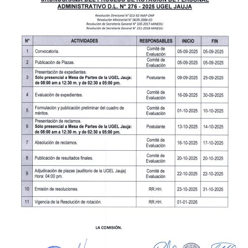Proceso del proceso de rotación de personal administrativo D.L. N° 276-2025 UGEL Jauja