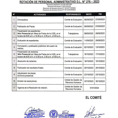 CRONOGRAMA DE ROTACIÓN DE PERSONAL ADMINISTRATIVO D.L. N° 276 – 2023