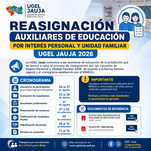REASIGNACIÓN DE AUXILIARES DE EDUCACIÓN 2026 – UGEL JAUJA